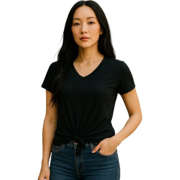 Susana Monaco Medium Black Front Tie V Neck Capped Sleeve Shirt - Picture 1 of 6
